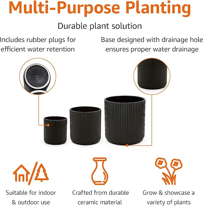 Amazon Basics Assorted Sizes Fluted Ceramic Round Planters, Set of 3, 6 inch, 8 inch, 10 inch, Black - Bloomnest