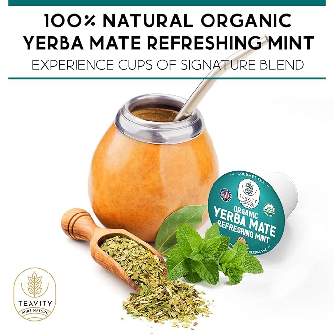 Organic Yerba Mate Refreshing Mint Tea Pods - Naturally Caffeinated Yerba Mate Tea Pod for Keurig Brewers by Teavity (36 Tea Pods) - Bloomnest