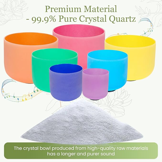 432HZ 6-12 Inch 7 Pcs Colored Frosted Crystal Singing Bowl Set for Meditation Healing Yoga Chakra Quartz Crystal Sound Bowls with Heavy Duty Carry Cases and Rubber Mallet,Suede Striker,O-rings - Bloomnest