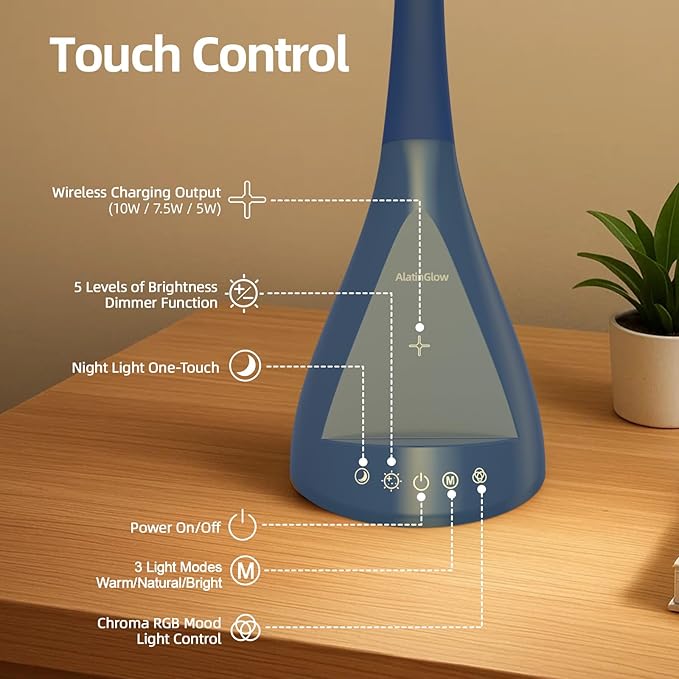 LED Desk Lamp with USB Charging Port, Dimmable Reading Light Touch Control and Eye Protection, Adjustable Brightness Table Lamp for Home Office Bedroom (Blue) - Bloomnest