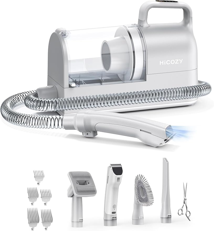 Hicozy S1+ Dog Grooming Vacuum, 12000Pa Minimum 50dB Quiet Dog Vacuum for Shedding Grooming with 2L Dust Cup, 6 Professional Pet Accessories with Clippers, Gray - Bloomnest