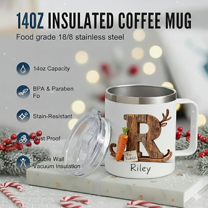 Personalized Christmas Coffee Mug with Custom Name & Reindeer Initial - 14oz Insulated Stainless Steel Tumbler with Handle & Lid - Rustic Rudolph Design, Unique Holiday Gift for Family (B60) - Bloomnest