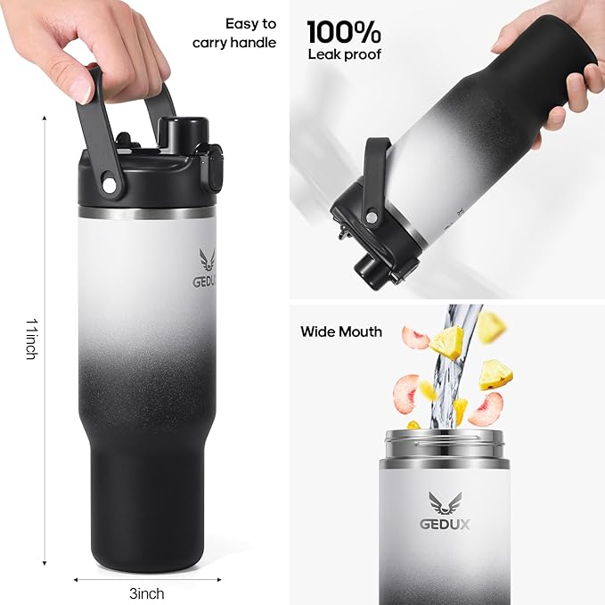 32 oz Stainless Steel Tumbler with Handle and Straw, Vacuum Insulated Water Bottle with 2-in-1 Lid (Chug/Straw) and Silicone Boot，Keeps Drinks Hot and Cold - Bloomnest