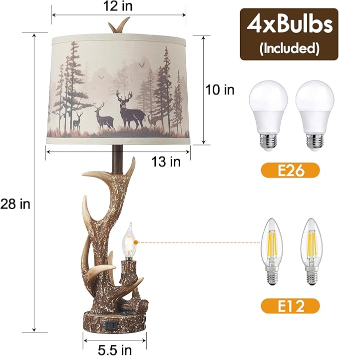2PACK Rustic Antler Table Lamps Included 4 Bulbs for Bedroom, 28'' Farmhouse Antler Table Lamp with Deer Forest Lampshade USB + Type C Ports Decor for Living Room End Table Cabin Office House - Bloomnest