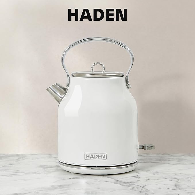 Haden Heritage 1.7 Liter Stainless Steel Electric Kettle, Hot Water Kettle with 360-Degree Base and Auto Shutoff, Ivory & Chrome - Bloomnest