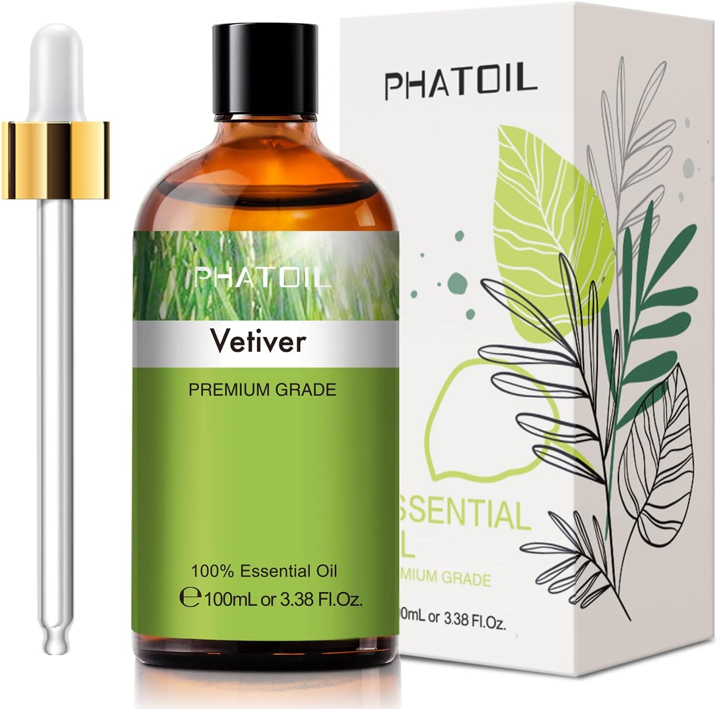 Vetiver 3.38fl.oz Essential Oil, PHATOIL Pure Aromatherapy Oils for Diffuser, Humidifier, Perfect for DIY Soap, Candle, Bath Bombs Making(100ml)