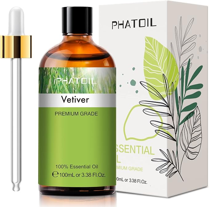 Vetiver 3.38fl.oz Essential Oil, PHATOIL Pure Aromatherapy Oils for Diffuser, Humidifier, Perfect for DIY Soap, Candle, Bath Bombs Making(100ml) PHATOIL