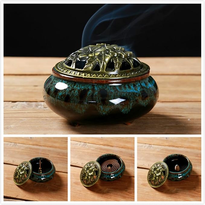 Censer Sky Blue Incense Burner with Calabash Incense Stick Holder - Porcelain Charcoal Censer for Use with Resin Granular Powder Cone or Coil Incense (Blue Fambe) - Bloomnest