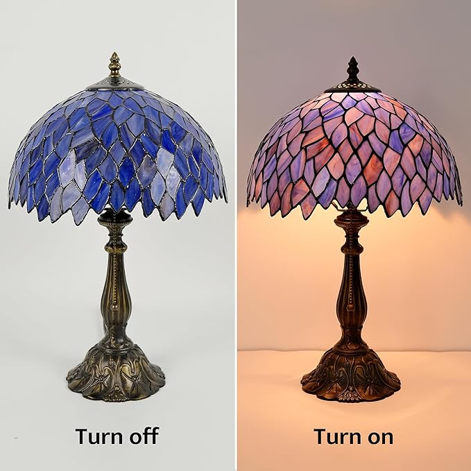 Tiffany Style Table Lamp Vintage Stained Glass Desk Lamp Deep Blue Purple Wisteria Bedside Reading Light Decor Bedroom Living Room Home Office D12 xH18 - Bloomnest