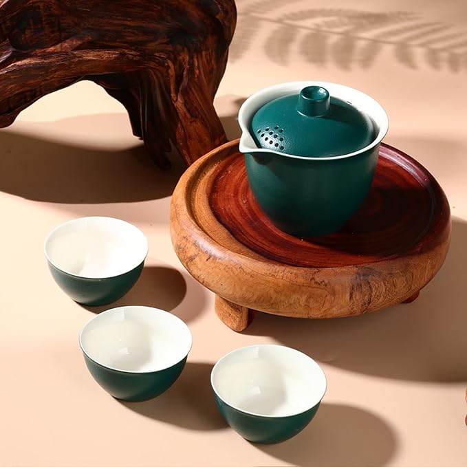 Porcelain Chinese Gongfu Tea Sets for Adults Portable Kungfu Teapot and Cup Set Small Ceramic Tea Party Set Travel Teaset with Lid for Home Gifting Outdoor and Office (Green) - Bloomnest