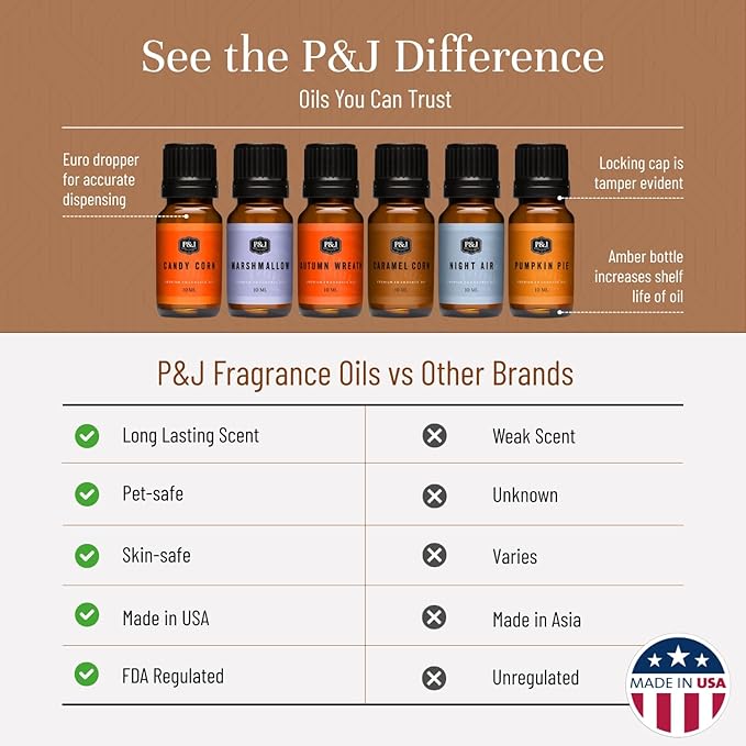 P&J Fragrance Oil Halloween Set | Autumn Wreath, Pumpkin Pie, Candy Corn, Marshmallow, Night Air, and Caramel Corn Candle Freshie Scent for Candle Making, Soap Making Supplies - Bloomnest