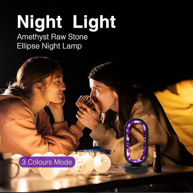 Runyangshi Crystal Lamp Amethyst Raw Stone Ellipse Night Lamp Natural Healing Crystal Night Light Table Lamp Base USB Port 3 Colours Mode for Bedroom Bedside Lamp Office Home Decor Gift - Bloomnest