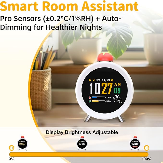 Dekala ChronoSense Sound Machine Alarm Clock for Bedroom w/Temperature Humidity, Sleep White Noise Sound Machine, 100dB Loud Gradual Alarm for Heavy Sleeper IPS Screen Animation