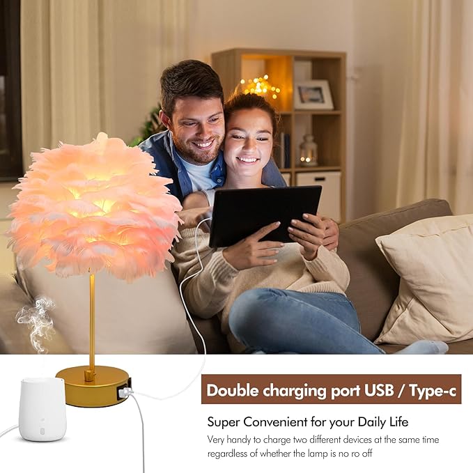 ZYLEIESENBAO Pink Feather USB Charger Table Lamp Feather Bedside Lamp Cute Nightstand Lamp with Outlets Princess Desk Light for Girl Bedroom Living Room Entryway Hotel Wedding Women's Gift Decoration - Bloomnest