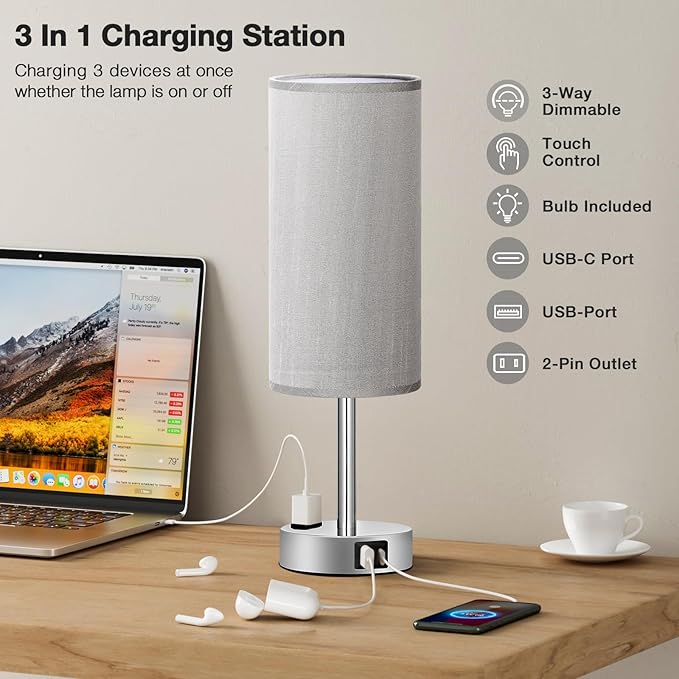 Fenmzee Grey Nightstand Table Lamp for Bedroom - 3 Way Dimmable Bedside Lamp USB C A Charging Ports and AC Outlet, Small Table Lamp Silver Base for Living Room, Office Desk, LED Bulb Included - Bloomnest