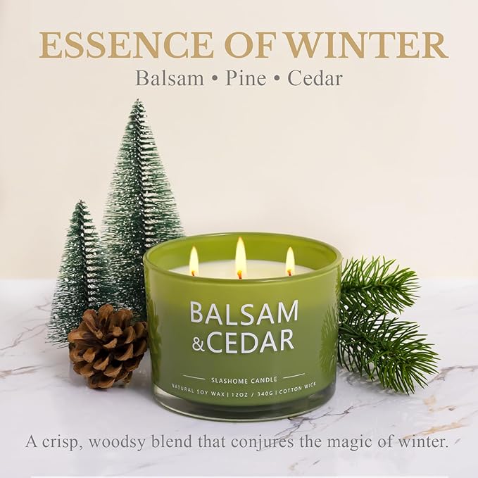 Balsam Cedar Candle, Large 3 Wick 12oz Soy Scented Candle, Luxury Christmas Birthday & Holiday Gift for Women & Men, Long Lasting 60+ Hour Clean Non-Toxic Burn, Elegant Winter Home Decor - Bloomnest