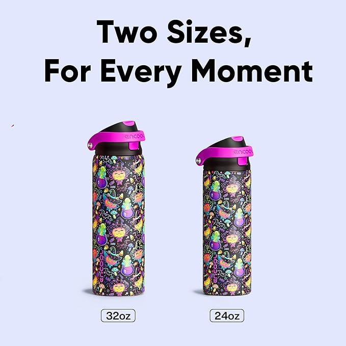 Encool SwiftSip Insulated Stainless Steel Water Bottle with Straw - Leak Proof Sports Water Bottle for School, Travel, Keeps Cold All Day, One-Touch Flip Lid, BPA-Free, 32 oz, Meowgic Night ENCOOL