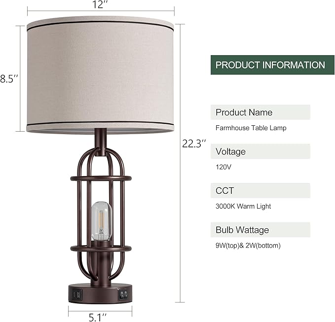 Living Room Lamps Set of 2, 22.3" Farmhouse Table Lamp for Bedroom, Vintage Lamps for Night Stands with USB Ports, Oil Rubbed Bronze - Bloomnest