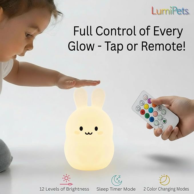 Lumipets Baxter The Bunny Squishy Night Light for Kids | Silicone Lamp with Tap & Remote Control | Rechargeable Color Changing Animal Night Light for Boys & Girls | Portable Nightlight with USB Cord - Bloomnest