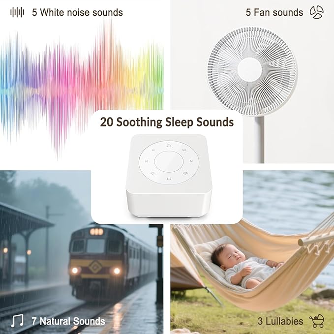 White Noise Sound Machine for Sleep 20 Soothing Sounds Noise Machine for 30 Level Volume 5 Timer Setting Favorite Setting Memory Function Touch Control Compact Portable for Adult/Baby (White) - Bloomnest