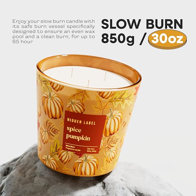 Hidden Label Pumpkin Spice Fall Candles, 3 Wick Large Scented Candle for Home, 30oz Natural Soy Candles for Home Scented,100 Hour Burn Time, Long Lasting Highly Scented Luxury Candle Gift - Bloomnest