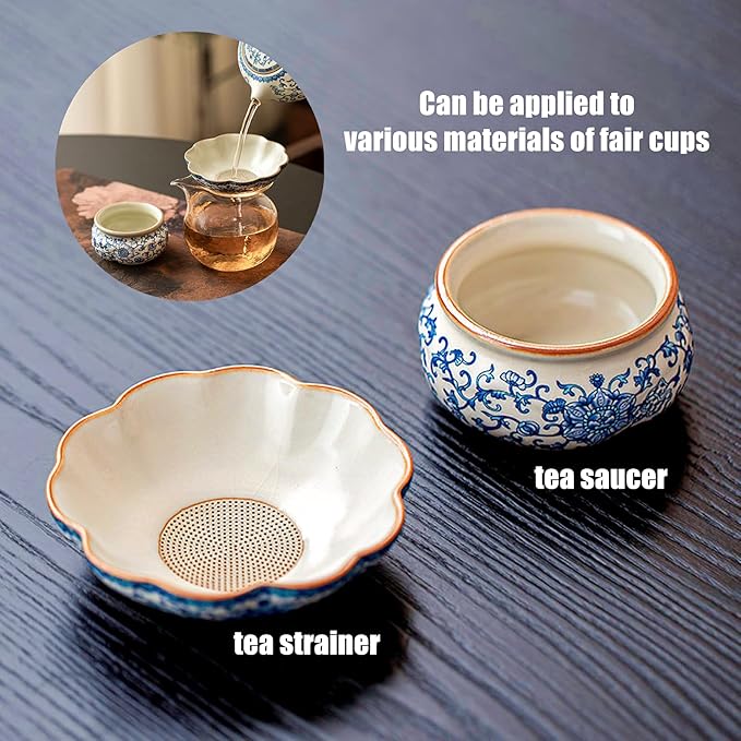 Ceramic Tea Infuser Strainers with Support Holder Saucer - Blue and White Porcelain Entangled Lotus Floral Pattern, Fine Mesh Loose Leaf Tea Colander Filter Kungfu Tea Ceremony Utensils