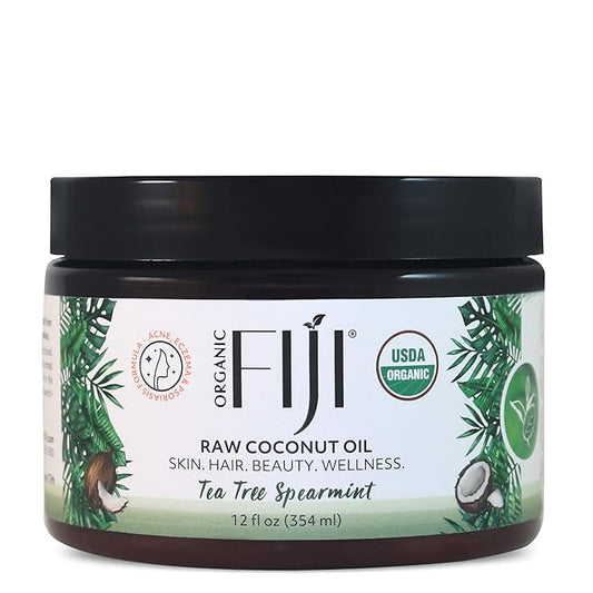 Organic Fiji Raw Cold Pressed Coconut Oil for Hair, Skin, Face & Body | Relaxing Massage Oil | Tea Tree Spearmint,12 oz for Women Men & Baby - Bloomnest