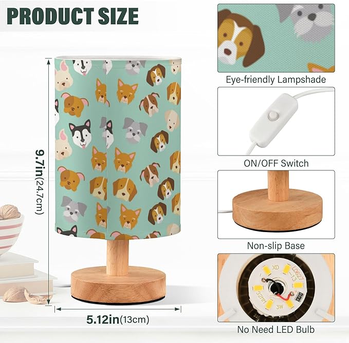 Table Lamp Husky Pug Dachshund Pitbull French Bulldog Golden Retriever Dog Nightstand Lamp with Wood Base Fabric Lamp Shade Bedside Desk Lamp for Living Room Bedroom Kids Room Office - Bloomnest