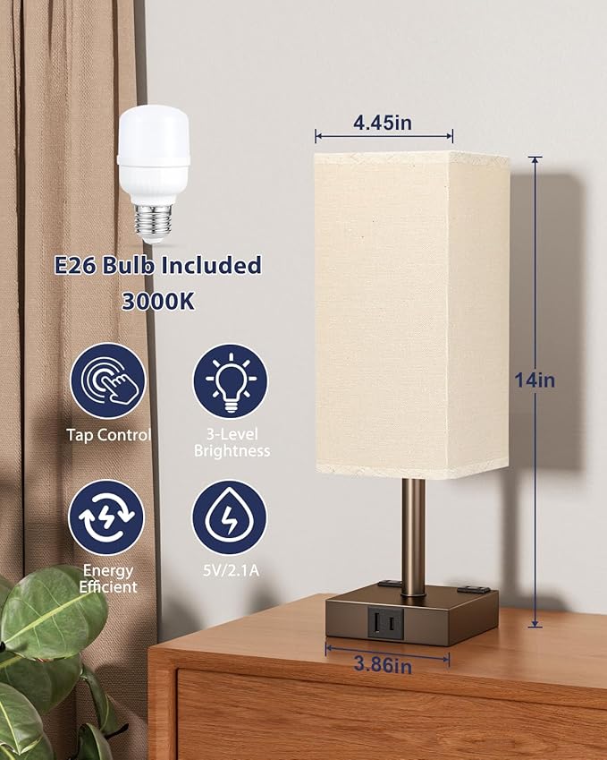 Brown Touch Table Lamp - Bedside Lamp with USB A + Type C Charging Ports and Two AC Outlets, Small Night Stand with E26 LED Bulb, Desk Light for Bedroom Living Room Office Dorm - Bloomnest