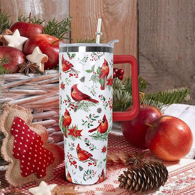 Ceovfoi 40 Oz Red Cardinal Tumbler With Handle,Christmas Coffee Travel Mug Cup, Red Cardinal Decor, Christmas Gifts for Women - Bloomnest
