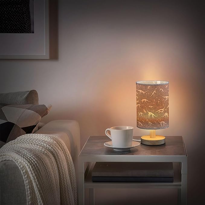 Table Lamp Dinosaur Fossil Dino Skeletons Pattern Nightstand Lamp with Wood Base Fabric Lamp Shade Bedside Desk Lamp for Living Room Bedroom Kids Room Office - Bloomnest
