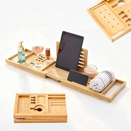 Premium Foldable Bamboo Bathtub Tray Caddy, Expandable Bath Caddy Tray with Holder, Natural Bath Shelf Over Tub, Spa Bathroom Accessories & Gifts for Home - Bloomnest