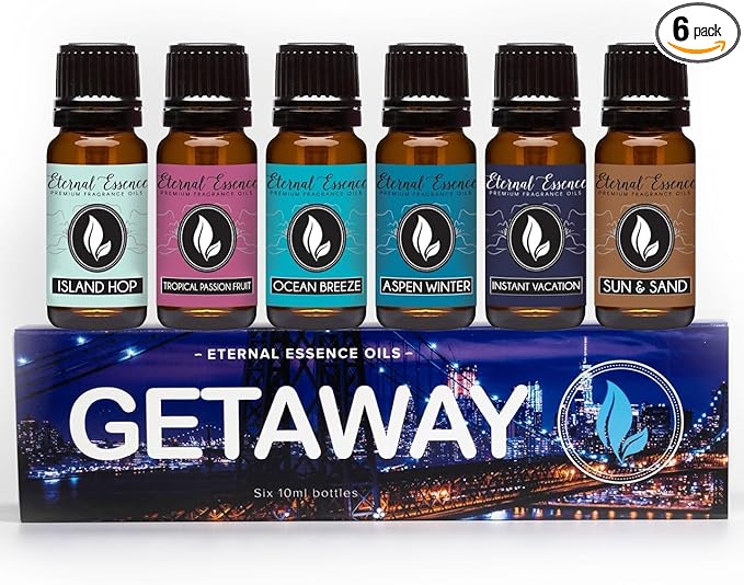 Get Away Gift Set of 6 Premium Grade Fragrance Oils - Island Hop, Ocean Breeze, Tropical Passion Fruit, Aspen Winter, Instant Vacation, Sun & Sand - 10Ml - Scented Oils - Bloomnest