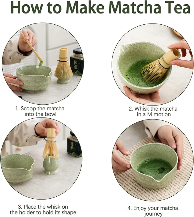 Matcha Set, Japanese Tea Set Includes Matcha Bowl with Spout, Matcha Whisk Holder, Bamboo Matcha Whisk and Bamboo Scoop, 17 oz Mottled Green Glaze Ceramic Matcha Kit for Tea Lovers - Bloomnest