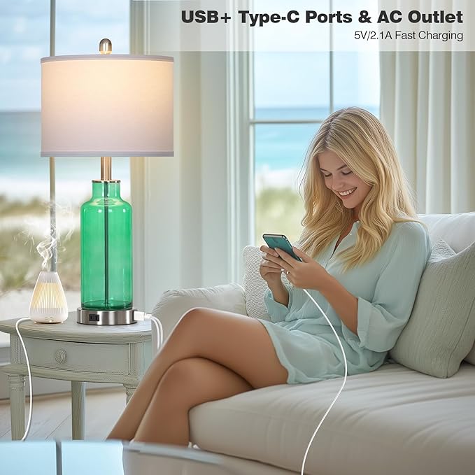 26.5" Coastal Green Glass Table Lamps Set of 2, 3-Way Dimmable Touch Control Bedside Lamps with USB Ports and AC Outlet, Teal Nightstand Lamps for Bedroom Living Room - Bloomnest