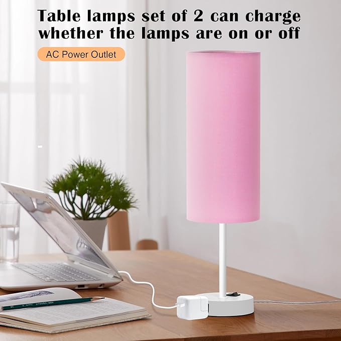 ZJOJO Table Lamp for Bedroom 2 Pack,18in Bedside Lamps with 3 Way Dimmable Rocker Switch & AC Outlet,Nightstand Desk Lamp with Pink Fabric Shade White Base for Living Room Home Decor Lights - Bloomnest