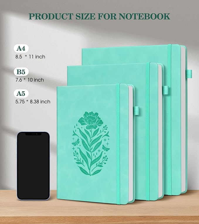 Lined Journal Notebook for Women, A5 Green Hardcover Leather Journals for Writing, 200 Pages Travel Daily Journal,Thick College Ruled Notebook for Work School, Note Taking, Business 5.75'' X 8.38'' - Bloomnest