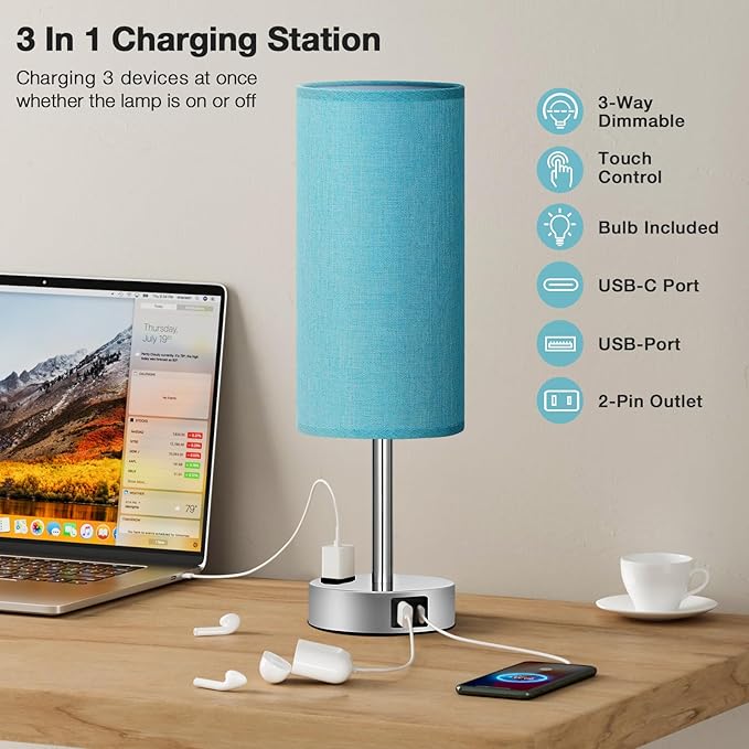 Fenmzee Turquoise Nightstand Table Lamp for Bedroom - 3 Way Dimmable Touch Lamp USB A and C Charging Ports and AC Outlet, Small Lamp for Office Desk with Metal Base, LED Bulb Included - Bloomnest