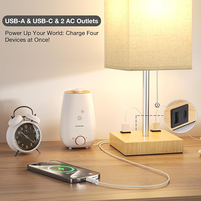 aooshine Wood Grain Small Table Lamp for Bedroom - 3 Color Temperature 3000K 5000K 4000K Bedside Lamp, Pull Chain Control, USB A and C Ports, Bulb Included - Bloomnest