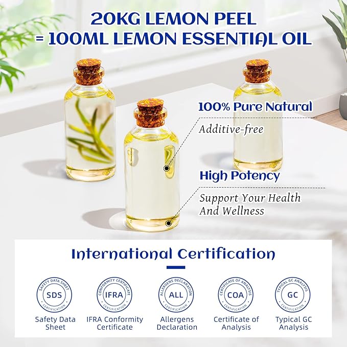 HIQILI Lemon Essential Oil, Household Cleaning, Air Purification, Skin Care, Can be Added to Cleansers, Sprays, Body Lotions Use - 3.38 Fl Oz/100ML - Bloomnest