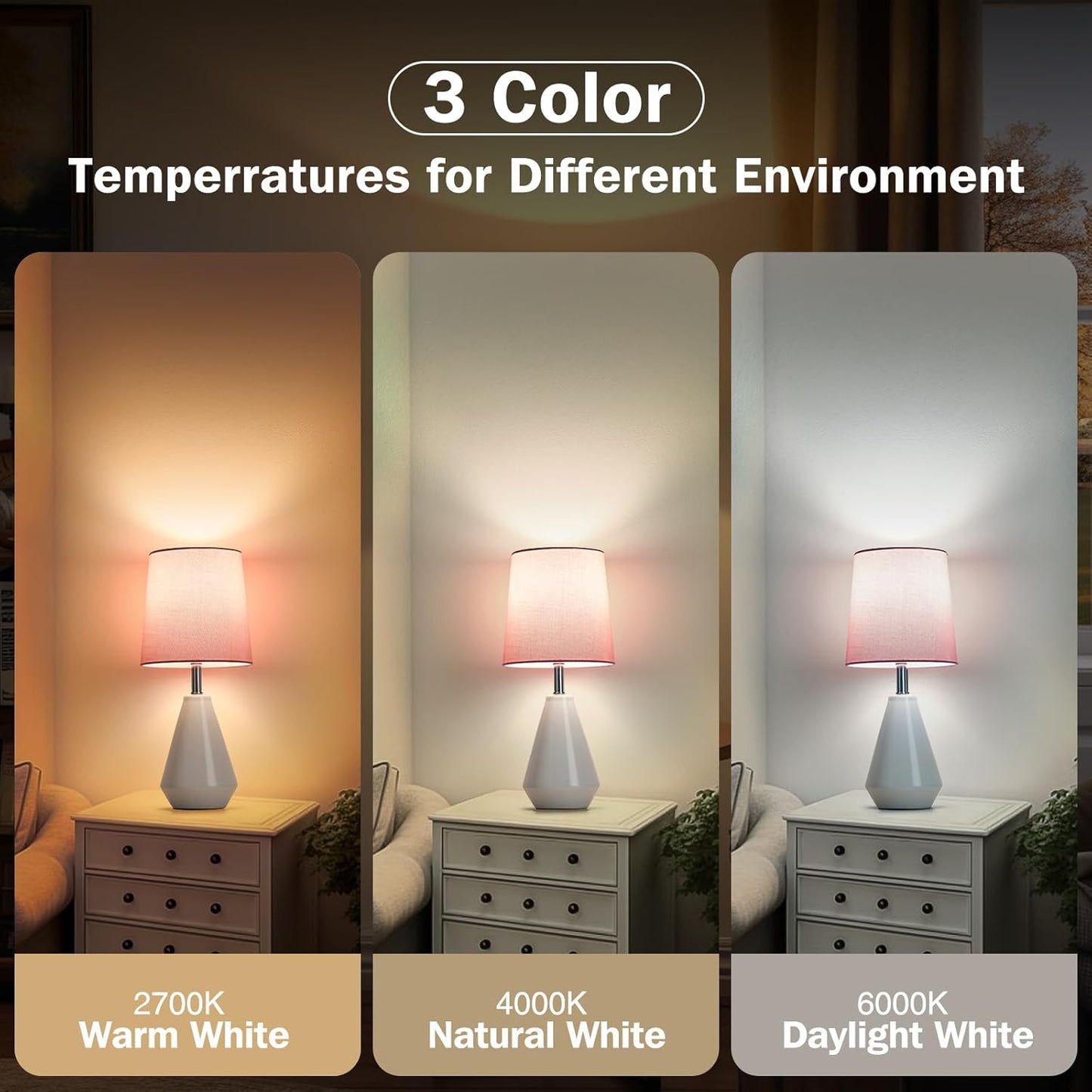 Small Bedside Table Lamp for Bedroom - Reading Desk Lamp with 3 Color Temperatures，15.5" Nightstand Ceramic Lamp with Fabric Shade for Kids Room,Living Room,Dorm,Home Office (White+Pink