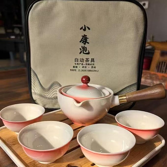Ceramic Portable Travel Tea Set, Chinese Kungfu Tea Set with 360 Rotation Teapot and Infuser, 4 Tea Cups, Tea Tray And Travel Bag (Gradient Red)
