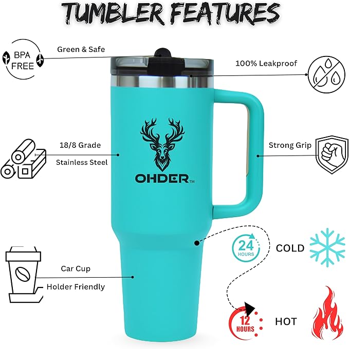 40 oz Tumbler with Handle and Straw | Vacuum Insulated Double Wall Stainless Steel Travel Mug | Leakproof, Hot and Cold | Cup Holder Friendly Base (Teal) - Bloomnest