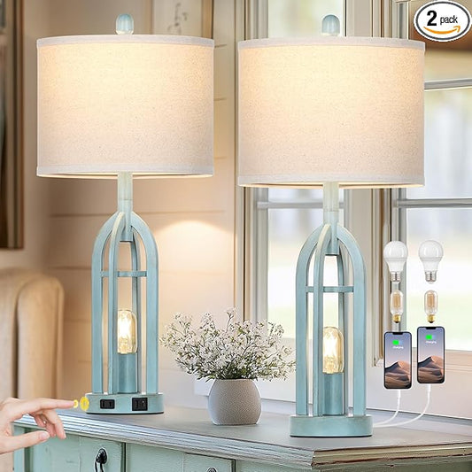 27" Farmhouse Table Lamps for Living Room,Blue Vintage Lamps Set of 2 with USB A+C Charging Ports & AC Outlet, Retro Nightstand Lamp with Fabric Shade for Bedroom, Entryway(4 Bulbs Included) - Bloomnest