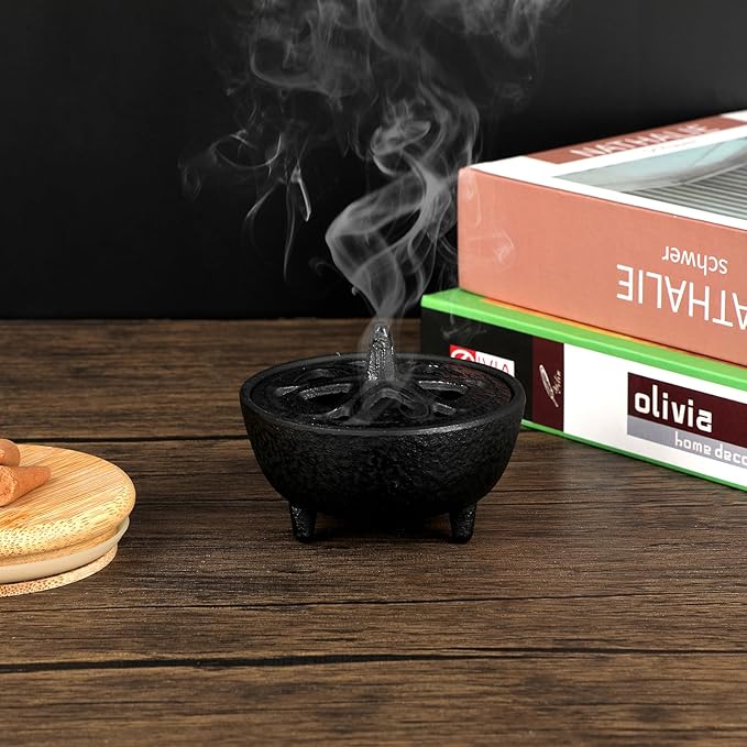 JUXYES Vintage Tripod Incense Burner Holder with Lid, Cast Iron Incense Holder Metal Cauldron Censer Antique Cone Coil Incense Burner Holder for Incense Resins, Charcoal, Cones or Wax Melts - Bloomnest