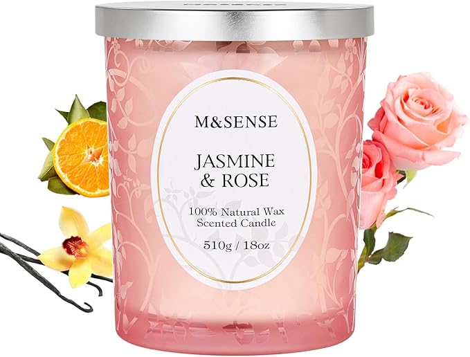 M&SENSE Jasmine Rose Candle, Cracking Wooden Wick Soy Wax, 18oz 100 Hours Long Lasting Clean Burn, Large Jar Candles for Home Scented, Non-Toxic Relaxing Aromatherapy Gifts for Women - Bloomnest