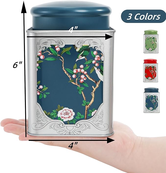 3 Pack Airtight Tea Tin Canister, 38 OZ Tinplate Empty Loose Tea Box, Chinese Style Jar with Double Lids, Matcha Tin Containers, Vintage Square Coffee Canisters for Candy Nut Spice Kitchen