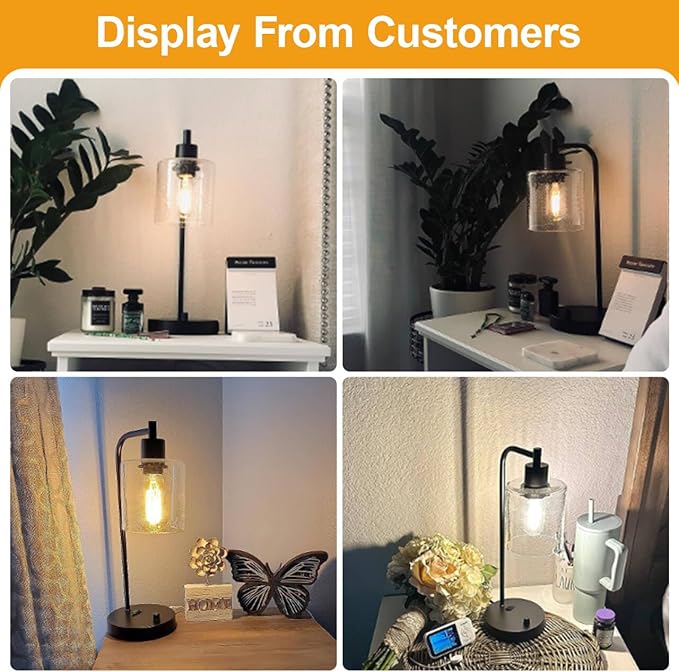 Set of 2 Industrial Table Lamps with USB Port, Fully Stepless Dimmable Bedside Lamps for Bedrooms, Nightstand Desk Lamp with Clear Glass Shade for Reading Living Room Office 2 LED Bulb Included - Bloomnest
