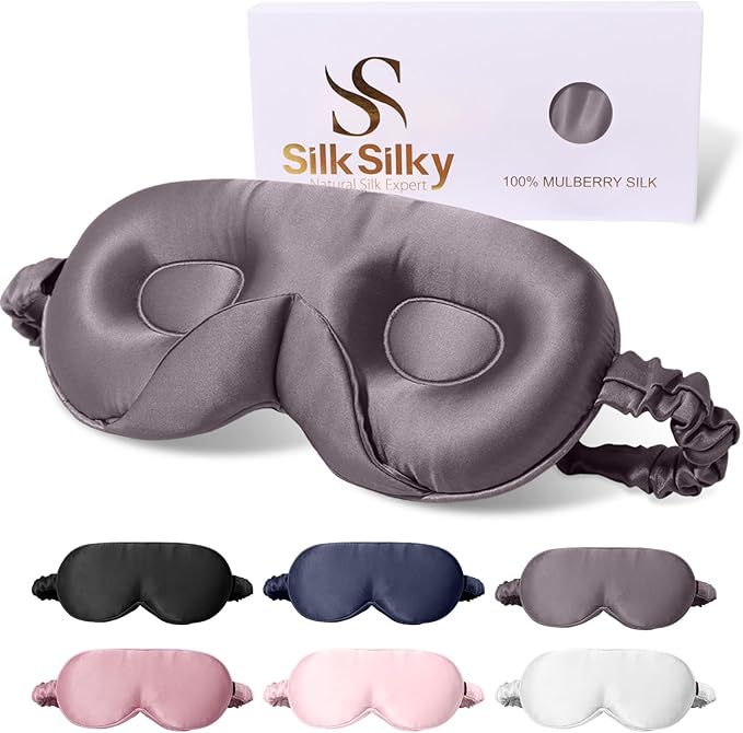 SilkSilky 100% 22 Momme Mulberry Silk Sleep Mask – Upgraded 3D Contoured Eye Mask with Nose Wing Pads & Adjustable Strap, Luxury Blackout Eye Cover for Women & Men (Dark Gray) - Bloomnest
