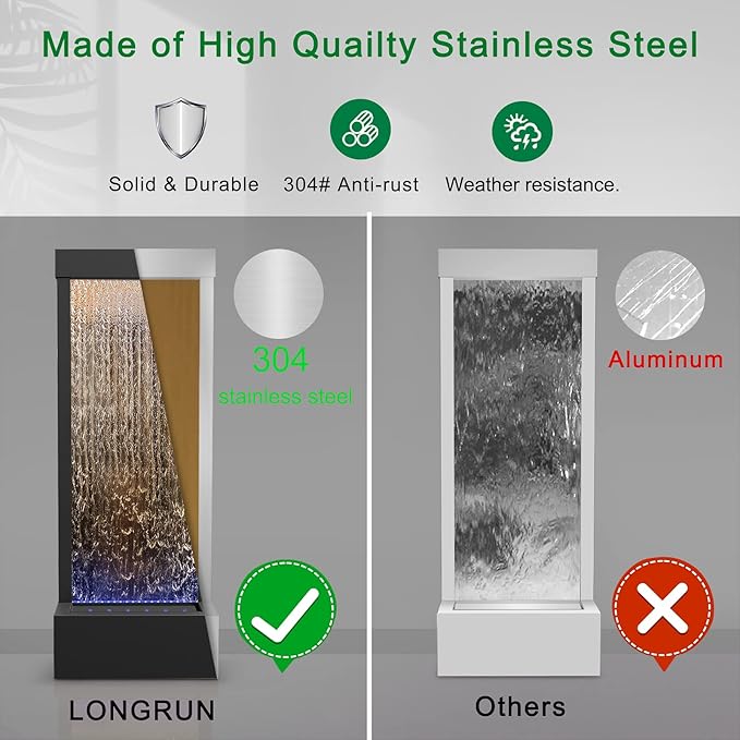 LONGRUN Indoor Water Fountain Mirror Waterfall Fountain with APP Controlled Multicolor LED Light, Floor Standing Fountains Kit, 48" Home Decor Large Freestanding Water Feature Waterfalls - Black Brown - Bloomnest
